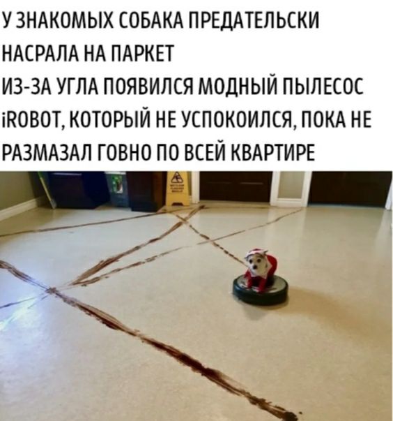 У ЗНАКОМЫХ СОБАКА ПРЕДАТЕПЬСКИ НАСРАЛА НА ПАРКЕТ ИЗ ЗА УГЛА ПОЯВИЛСЯ МОДНЫЙ ПЫЛЕСОС іРОВОТ КОТОРЫЙ НЕ УСПОКОИЛСЯ ПОКА НЕ РАЗМАЗАЛ ГОВНО ПО ВСЕЙ КВАРТИРЕ