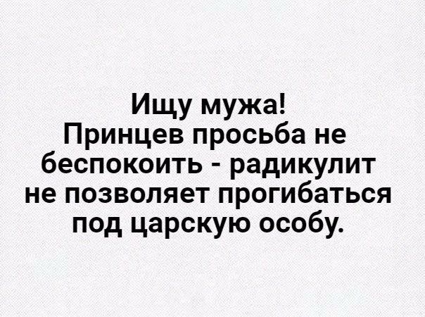 Ищу мужа Принцев просьба не беспокоить радикулит не позволяет прогибаться под царскую особу