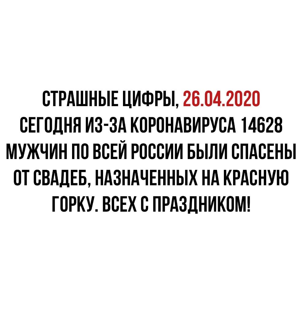 СТРАШНЫЕ ЦИФРЫ 26042020 СЕГОДНЯ ИЗ ЗА К0Р0НАВИРУСА 14628 МУЖЧИН П0 ВСЕЙ РОССИИ БЫЛИ СПАСЕНЫ 0Т СВАДЕБ НАЗНАЧЕННЫХ НА КРАСНУЮ Г0РКУ ВСЕХ С ПРАЗДНИКОМ