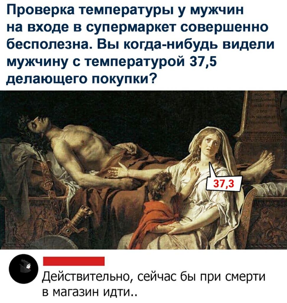Проверка температуры у мужчин на входе в супермаркет совершенно бесполезна Вы когда нибудь видели мужчину с температурой 375 делающего покупки Действительно сейчас бы при смерти в магазин идти