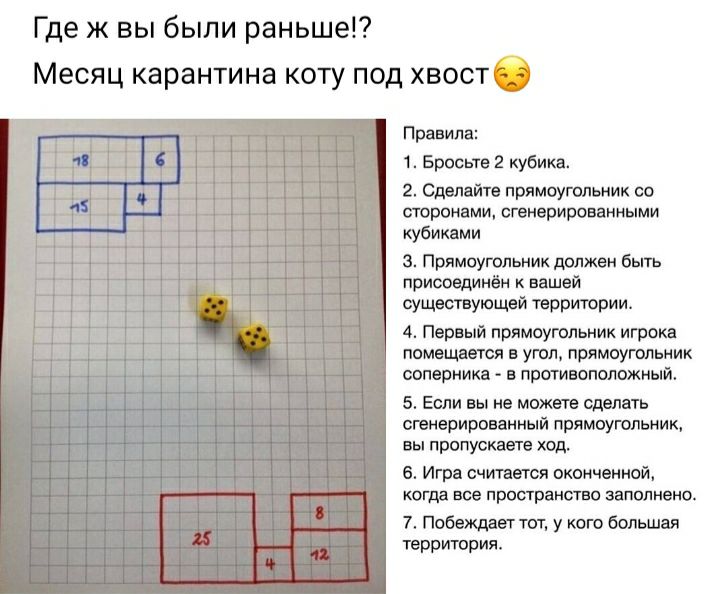 Где ж вы были раньше Месяц карантина коту под хвост Правила 1 Бросьте 2 кубика 2 Сделайте прямоугольник со сторонами сгенерированными кубиками З Прямоугольник должен быть присоединён к вашей существующей территории 4 Первый прямоугольник игрока помещается в угол прямоугольник соперника в противоположный 5 Если вы не можете сделать сгенерированный прямоугольник вы пропускаэта ход 6 Игра считается о
