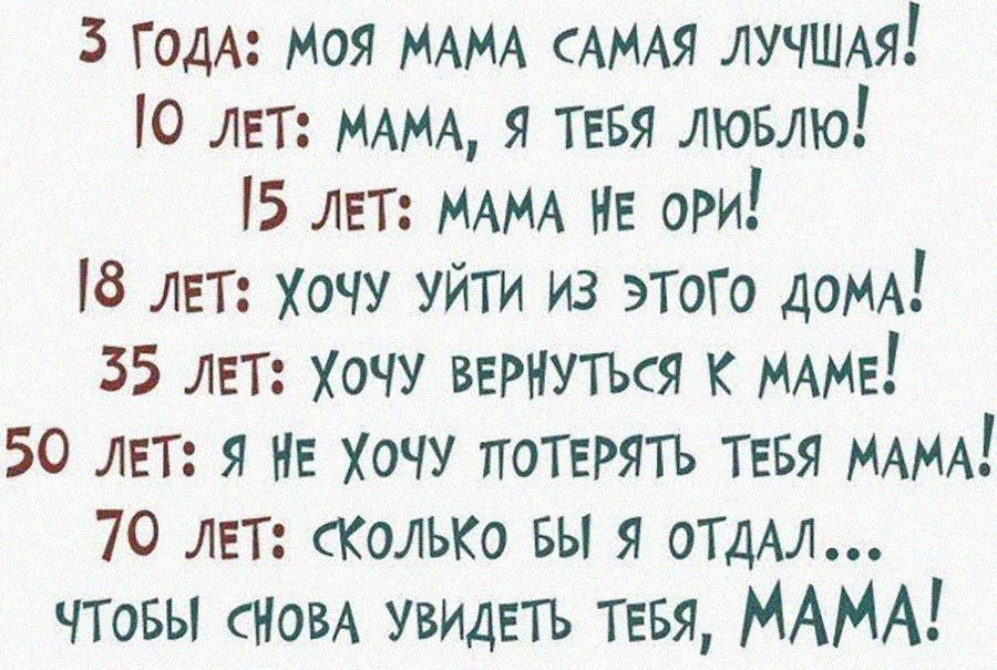 3 ГОДА Моя МАМА САМАЯ ЛУЧШАЯ 10 лет МАМА Я ТЕБЯ лювлю 5 лет МАМА НЕ ори 8 лет хочу уйти из этою 35 лет хочу ВЕРНУТЬСЯ К МАМЕ 50 лет я НЕ хочу потерять тввя МАМА 70 ЛЕТ СКОЛЬКО вы я оТдАл чтовы СНОВА УВИДЕТЬ ТЕБЯ МАМА