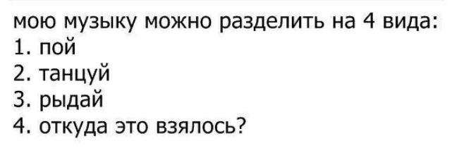 мою музыку можно разделить на 4 вида 1 пой 2 танцуй 3 рыдай 4 откуда это взялось