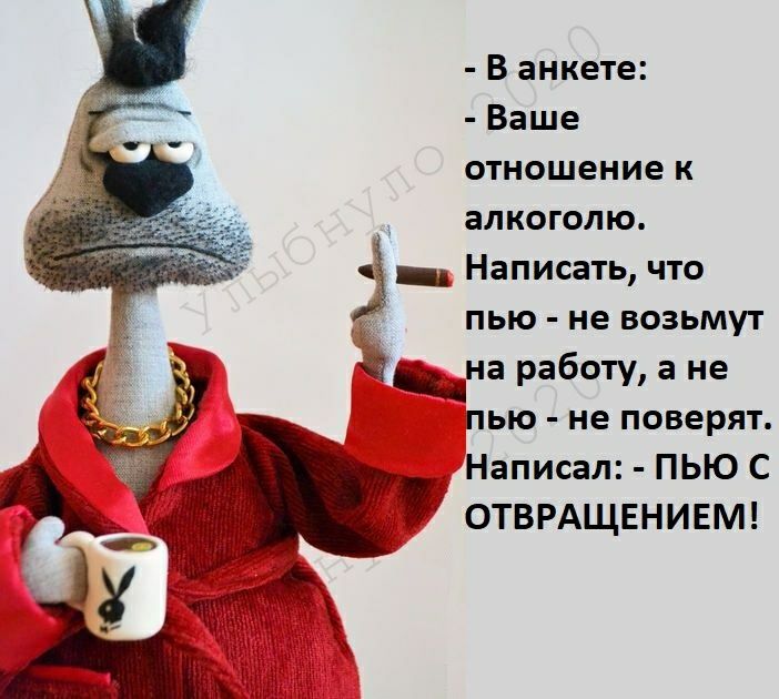 В анкете Ваше отношение к алкоголю ЗП Написать что пью не возьмут Этна работу а не пью не поверят Написал ПЬЮ С ОТВРАЩЕНИЕМ