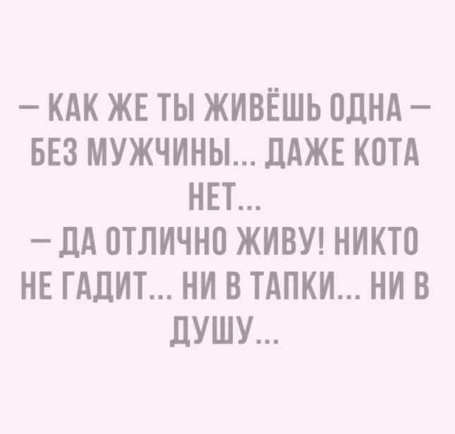 КАК ЖЕ ТЫ ЖИВЁШЬ ОДНА БЕЗ МУЖЧИНЫ ДАЖЕ КОТА НЕТ _ дА ОТЛИЧНО ЖИВУ НИКТО НЕ ГАЛИТ НИ В ТАПКИ НИ В ЛУШУ