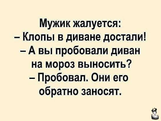 Мужик жалуется Кпопы в диване достали А вы пробовали диван на мороз выносить Пробовал Они его обратно заносят