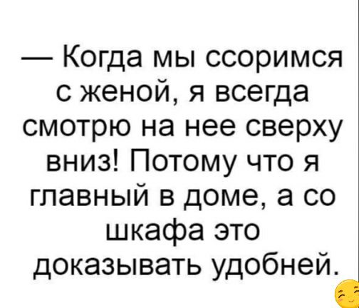 Когда мы ссоримся с женой я всегда смотрю на нее сверху вниз Потому что я главный в доме а со шкафа это доказывать удобней