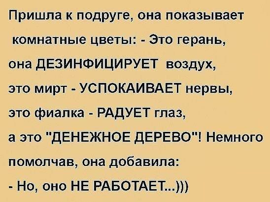 Пришла к подруге она показывает комнатные цветы Это герань она дЕЗИНФИЦИРУЕТ воздух это мирт УСПОКАИВАЕТ нервы это фиалка РАДУЕТ глаз а это ДЕНЕЖНОЕ дЕРЕВО Немного помолчав она добавила Но оно НЕ РАБОТАЕТ