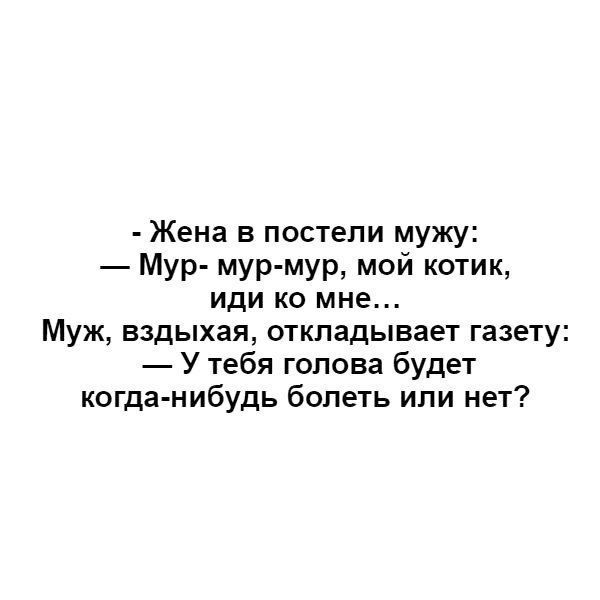 Жена в постели мужу Мур мур мур мой котик иди ко мне Муж вздыхая откладывает газету У тебя голова будет когда нибудь болеть или нет