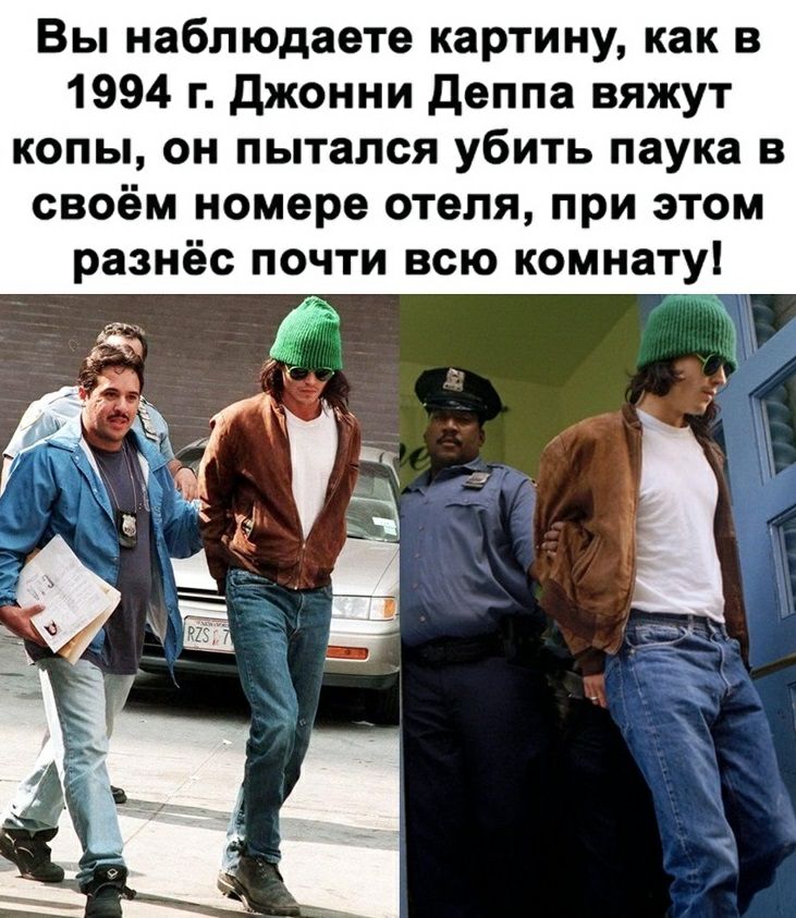 Вы наблюдаете картину как в 1994 г джонни деппа вяжут копы он пытался убить паука в своём номере отеля при этом разнёс почти всю комнату