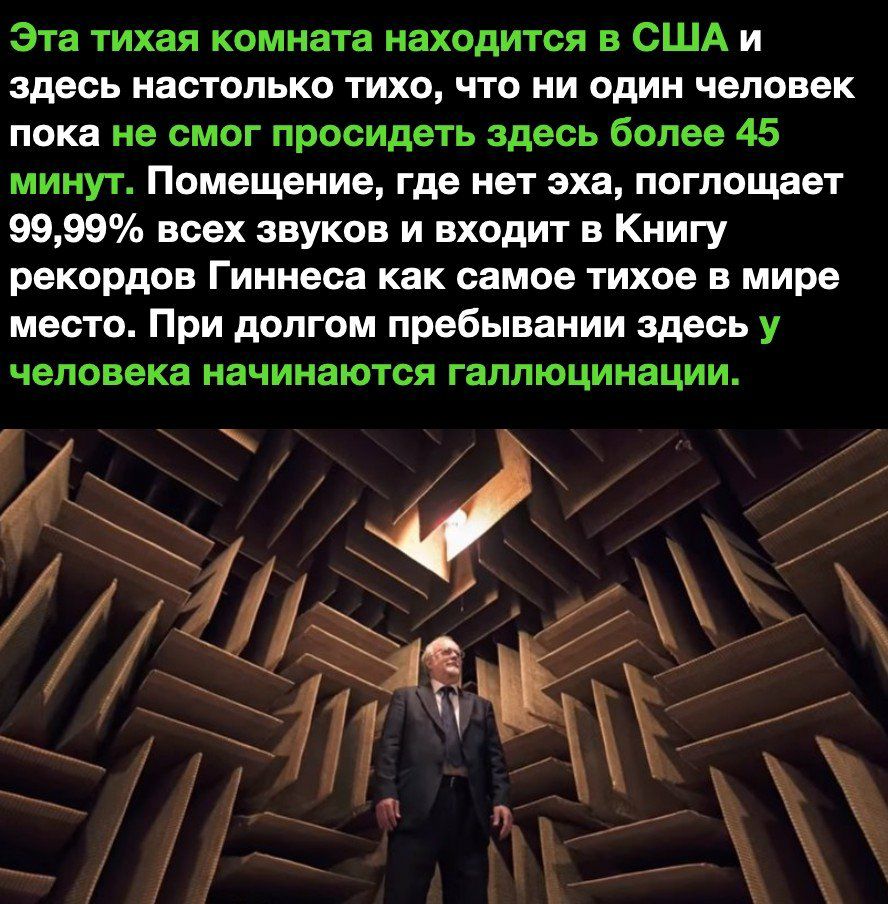 Эта тихая комната находится в США и здесь настолько тихо что ни один человек пока не смог просидеть здесь более 45 минут Помещение где нет эха поглощает 9999 всех звуков и входит в Книгу рекордов Гиннеса как самое тихое в мире место При долгом пребывании здесь у человека начинаются галлюцинации