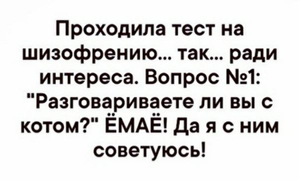 Проходила тест на шизофрению так ради интереса Вопрос 1 Разговариваете ли вы с котом ЁМАЁ Да я с ним советуюсь