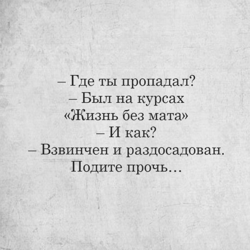 Где ты пропадал Был на курсах Жизнь без мата И как Взвинчен и раздосадован Подите прочь
