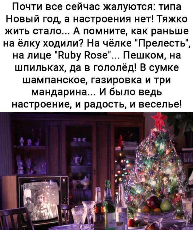 Почти все сейчас жалуются типа Новый год а настроения нет Тяжко жить стало А помните как раньше на ёлку ходили На чёлке Прелесть на лице НиЬу Розе Пешком на шпильках да в гололёд В сумке шампанское газировка и три мандарина И было ведь настроение и радость и веселье