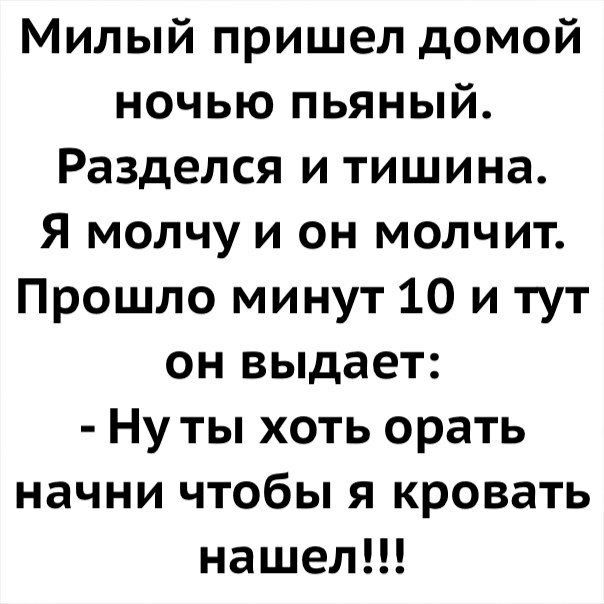 Милый пришел домой ночью пьяный Разделся и тишина Я молчу и он молчит Прошло минут 10 и тут он выдает Ну ты хоть орать начни чтобы я кровать нашел