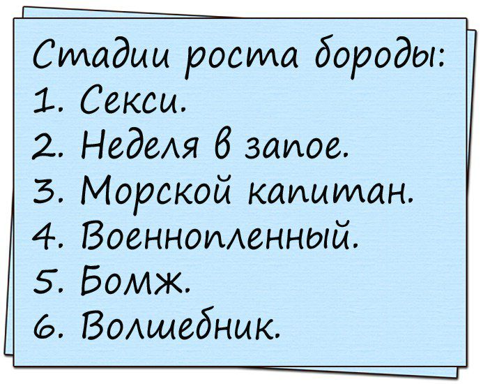 Стадии ростщ бороды 1 Секси 2 НедеАя 6 заиое 3 Морской капитан 4 Военноменный 5 Бомж ВОАщебнык