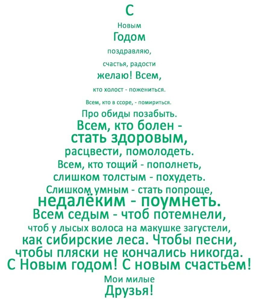 С Новым Годом поздравляю СЧЗСТЬЯ радости желаю Всем КТО ХОЛОСТ ПОЖЕНИТЬСЯ Всем кто в ссоре помириться Про обиды позабыть Всем кто болен стать ЗДОРОВЫМ расцвести помолодеть Всем кто тощий пополнеть СЛИШКОМ ТОЛСТЫМ ПОХУДЕТЬ Слишкоцумным стать попроще недалеким ПОУМНЕТЬ Всем седым чтоб потемнели ЧТОб у ЛЫСЫХ ВОЛОСЭ на макушке загустепи как сибирские леса Чтобы песни чтобы пляски не кончались никогда 