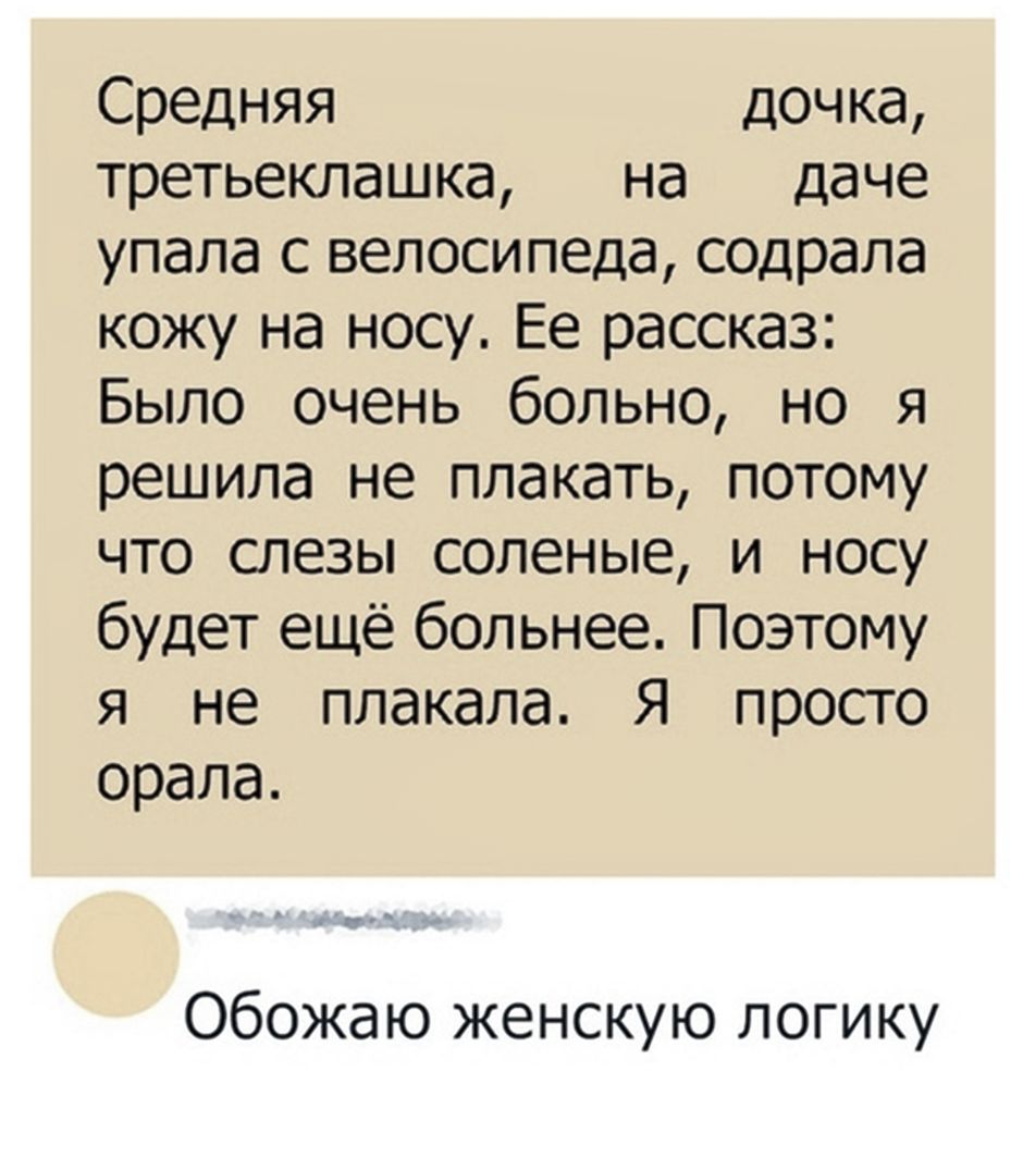 Средняя дочка третьеклашка на даче упала с велосипеда содрала кожу на носу Ее рассказ Было очень больно но я решила не плакать потому что слезы соленые и носу будет ещё больнее Поэтому я не плакала Я просто орала А Обожаю женскую логику