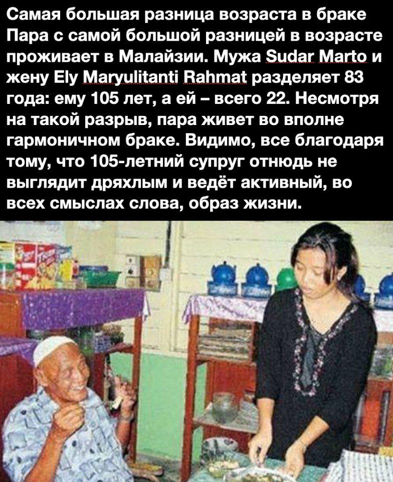 Самая большая разница возраста в браке Пара с самой большой разницей в возрасте проживает в Малайзии Мужа Зцааг Матю и жену Еу Магуиітапіі ВаЬтаі разделяет 83 года ему 105 лет а ей всего 22 Несмотря на такой разрыв пара живет во вполне гармоничном браке Видимо все благодаря тому что 105 летний супруг отнюдь не выглядит дряхлым и ведёт активный во всех смыслах слова образ жизни