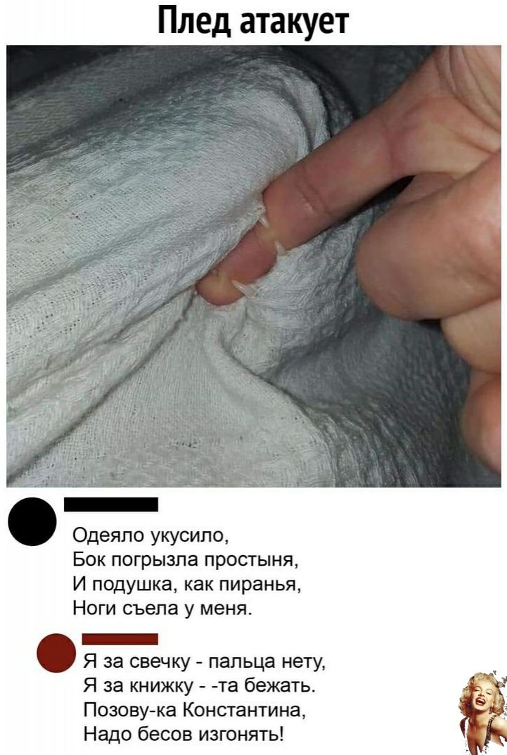 Пл да акует Одеяло укусипо Бок погрызпа простыня И подушка как пиранья Ноги съела у меня _ Я за свечку пальца нету Я за книжку та бежать Позову ка Константина Надо бесов изгонять