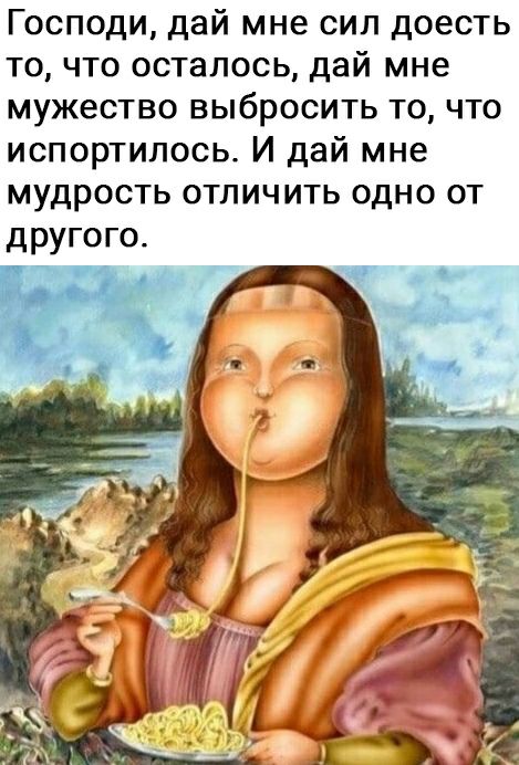 Господи дай мне сип доесть то что осталось дай мне мужество выбросить то что испортилооь И дай мне мудрость отличить одно от другого