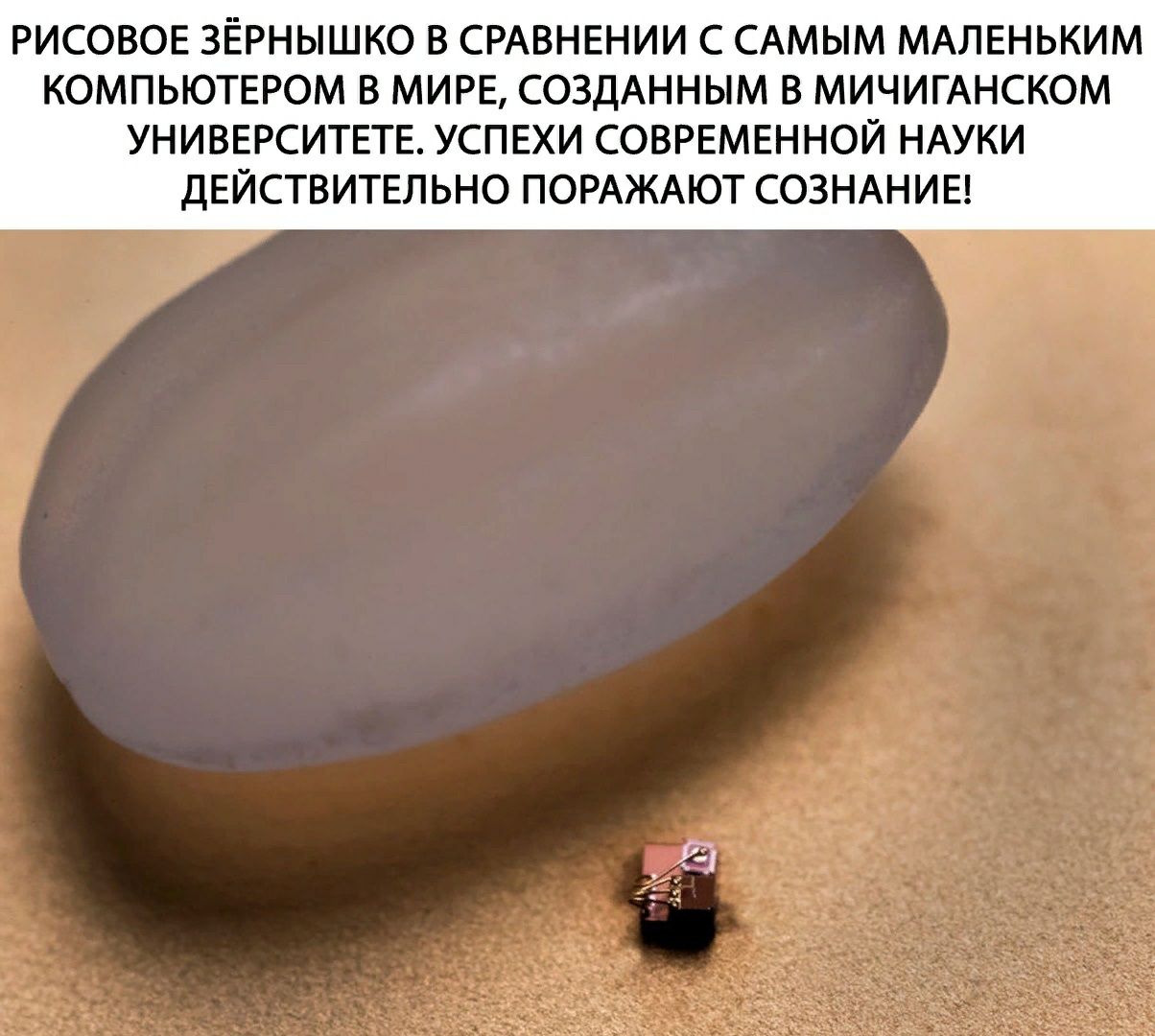 РИСОВОЕ ЗЁРНЫШКО В СРАВНЕНИИ С САМЫМ МАЛЕНЬКИМ КОМПЬЮТЕРОМ В МИРЕ СОЗДАННЫМ В МИЧИГАНСКОМ УНИВЕРСИТЕТЕ УСПЕХИ СОВРЕМЕННОЙ НАУКИ ДЕЙСТВИТЕЛЬНО ПОРАЖАЮТ СОЗНАНИЕ