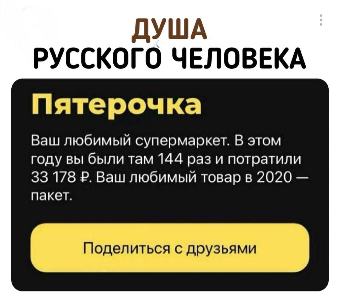 ДУША РУССКОГО ЧЕЛОВЕКА 1 7111 _ 1ыц ъ 1 Ваш любимый супермаркет В этом году вы были там 144 рази потратили 33178 9 Ваш любимый товар в 2020 пакет