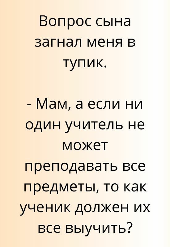Вопрос сына загнал меня в тупик Мам а если ни один учитель не может преподавать все предметы то как ученик должен их все выучить