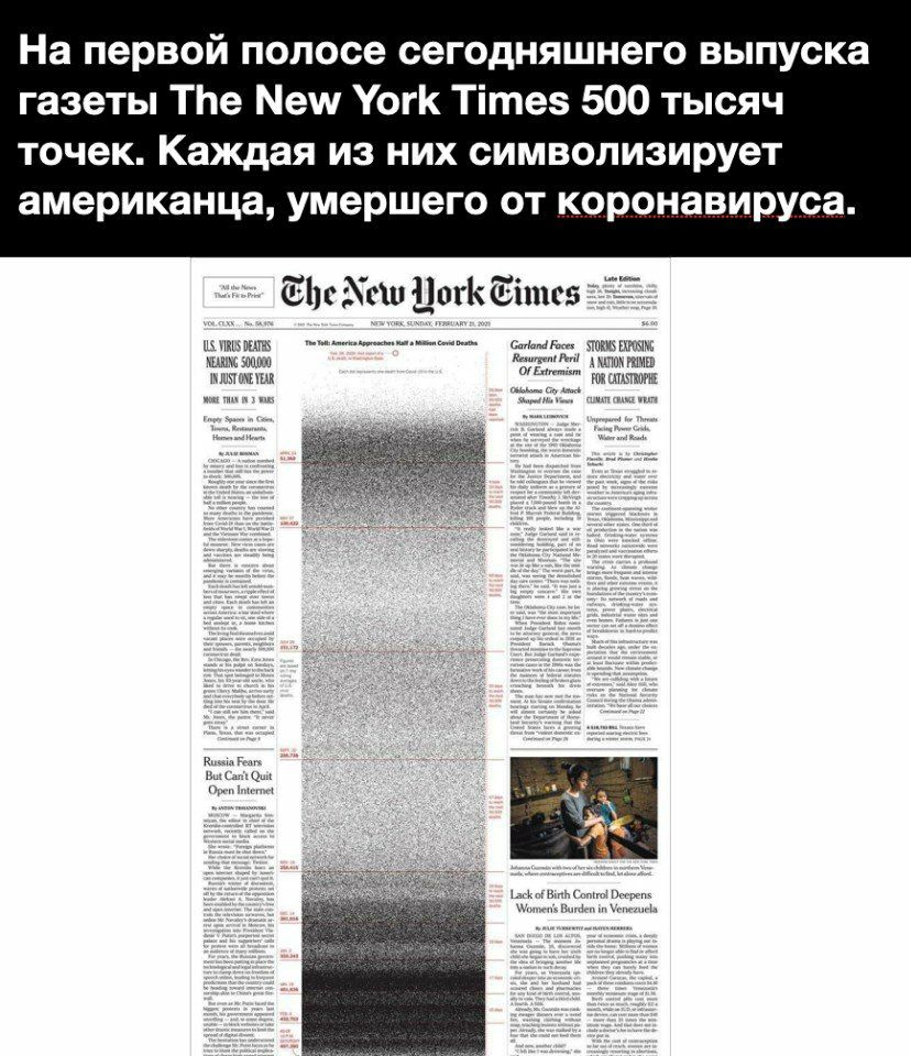 На первой полосе сегодняшнего выпуска газеты ТЬе Меш УогК Тітез 500 тысяч точек Каждая из них символизирует американца умершего от коронавируса ёіус Хсш ЦМК ёітсв вым шим им