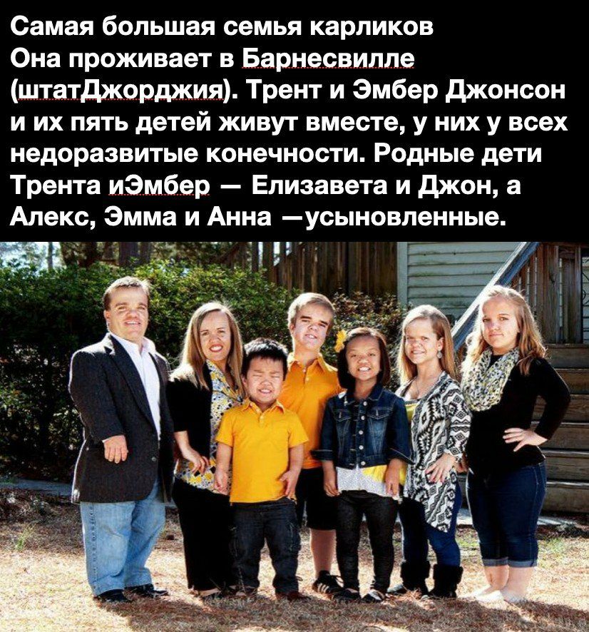 Самая большая семья карликов Она проживает в Барнесвилле штатджорджия Трент и Эмбер джонсон и их пять детей живут вместе у них у всех недоразвитые конечности Родные дети Трента иЭмбер Елизавета и джон а Алекс Эмма и Анна усыновпенные 5 ігг и п мсп