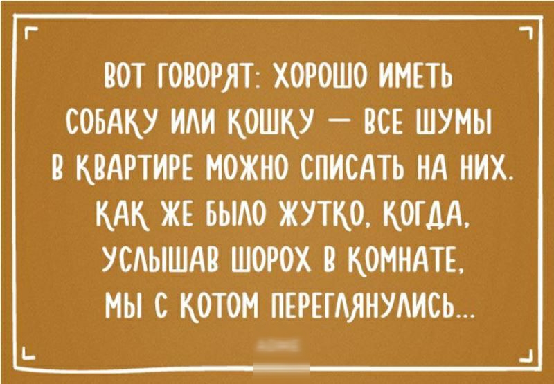 ООТ ГОВОРЯТ ХОРОШО ИМЕТЬ СОБАКУ ИАИ КОШКУ ВСЕ ШУНЫ О КВАРТИРЕ МОЖНО СПИСАТЬ НА НИХ КАК ЖЕ БЫАО ЖУТКО КОГДА УСАЫШАВ ШОРОХ КОМНАТЕ МЫ С КОТОМ ПЕРЕГАЯНУАИСЬ