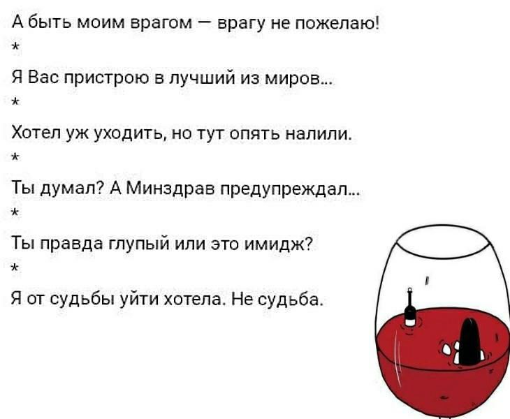 А быть моим врагом врагу не пожелаю Я Вас пристрою в лучший из миров Хотел уж уходить но тут опять налили Ты думал А Минздрав предупреждал Ты правда глупый или это имидж Я от судьбы уйти хотела Не судьба
