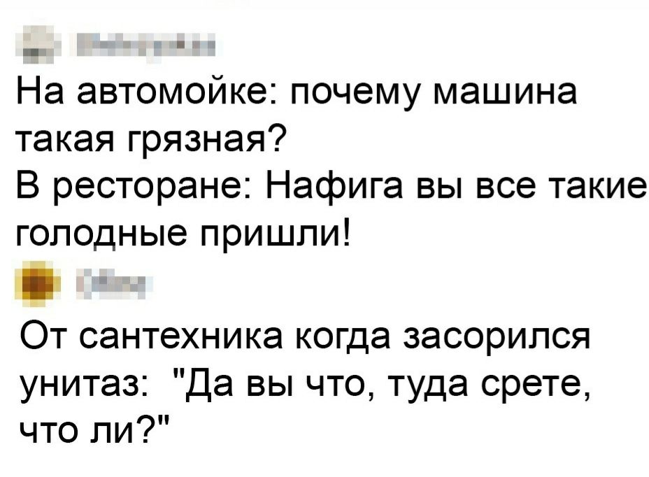 На автомойке почему машина такая грязная В ресторане Нафига вы все такие голодные пришли От сантехника когда засорипся унитаз Да вы что туда срете что ли