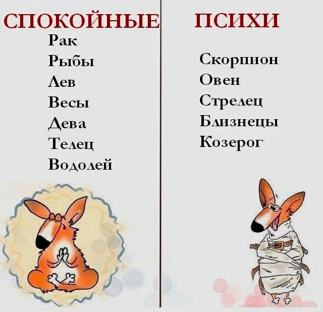 СПОКОЙНЫЕ психи Рак Рыбы Скорпион Аев Овен Весы СТРеАеЦ Аева БАизнеЦЫ Те Аец Козерог ВОАОАеЙ