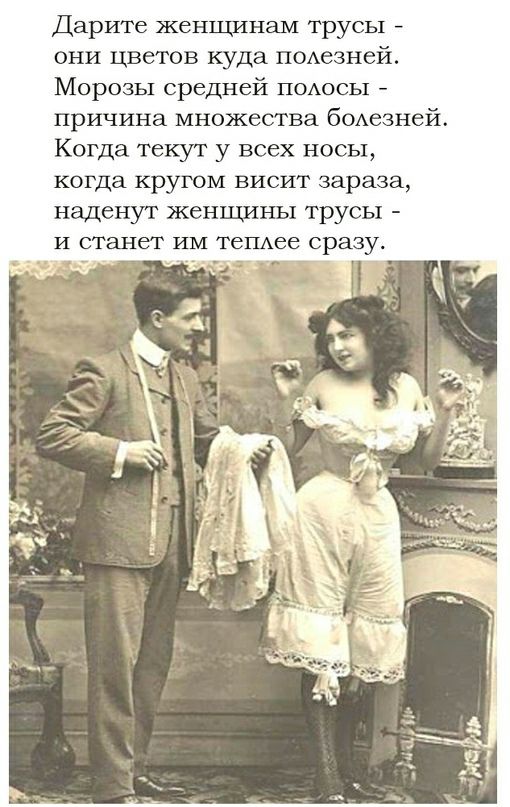 Дарите женщинам трусы они цветов куда ПОАезней Морозы средней ПОАОСЬ1 причина множества бОАезней Когда текут у всех носы когда кругом висит зараза наденут женщины трусы И станет ИМ тещее сразу