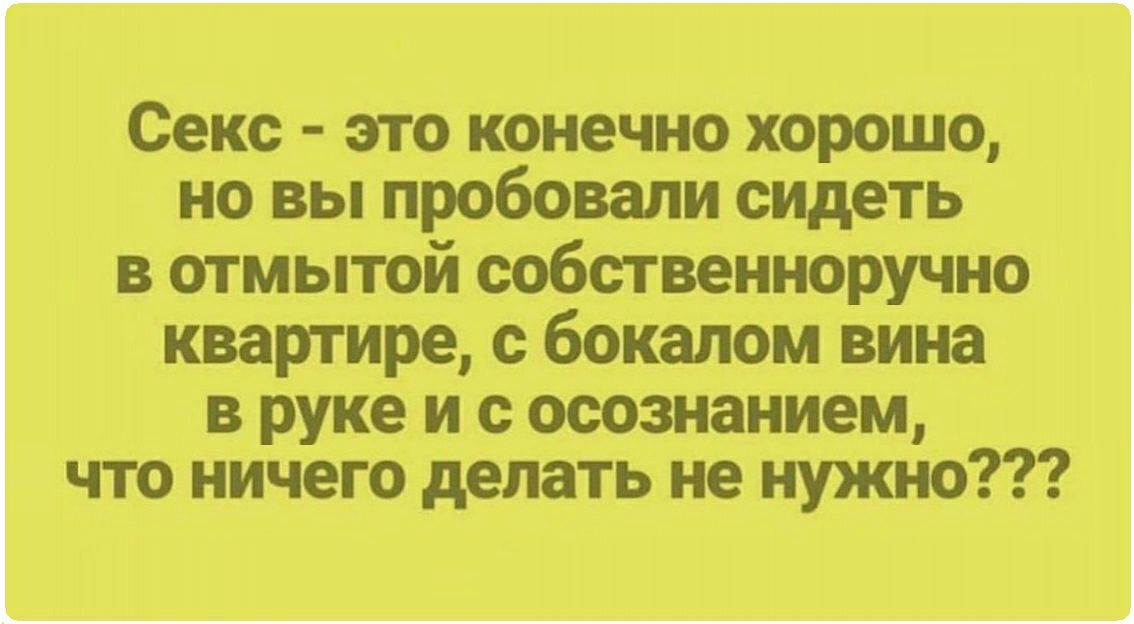 Секс это конечно хорошо но вы пробовали сидеть в отмытой собственноручно квартире с бокалом вина в руке и с осознанием что ничего делать не нужно
