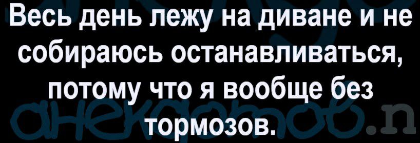 Весь день лежу на диване и не собираюсь останавливаться потому что я вообще без тормозов