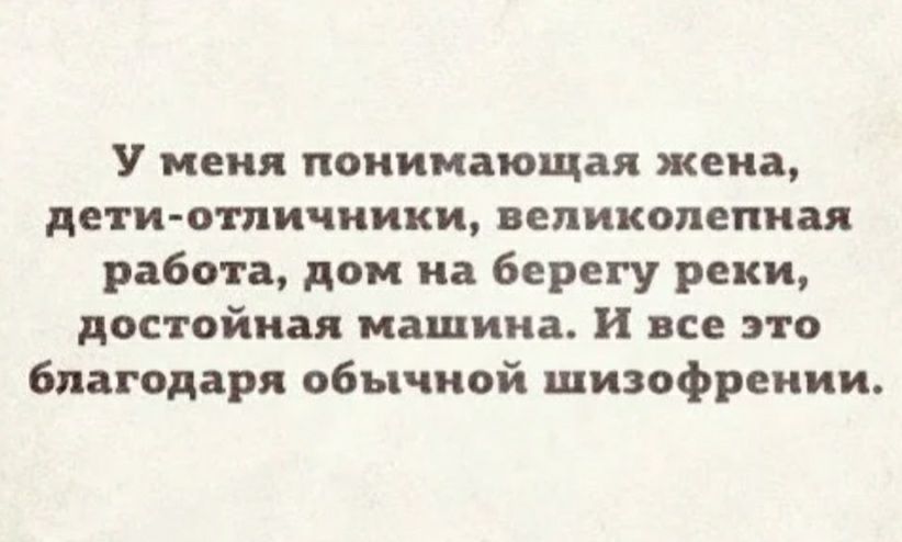 У меня понимающая жена дети отличники великолепная работа дом на берегу реки достойная машина и все это благодаря обычной шизофрении