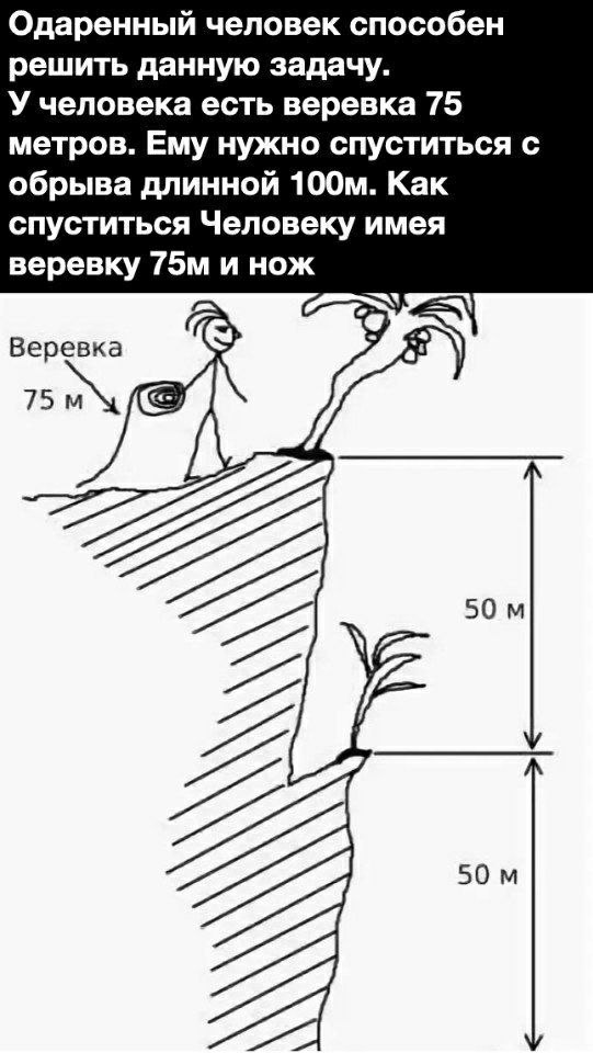 Одаренный человек способен решить данную задачу У человека есть веревка 75 метров Ему нужно спуститься с обрыва длинной 100м Как спуститься Человеку имея веревку 75м и нож