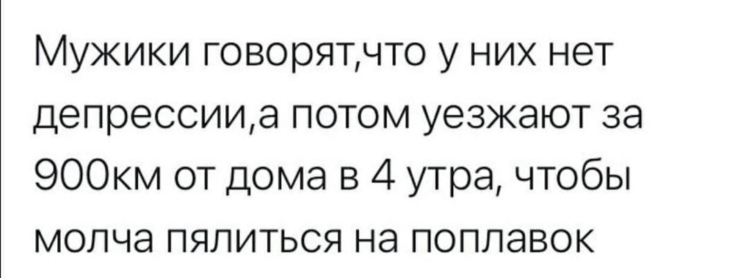 Мужики говорятчто у них нет депрессииа потом уезжают за 900км от дома в 4 утра чтобы молча пялиться на поплавок