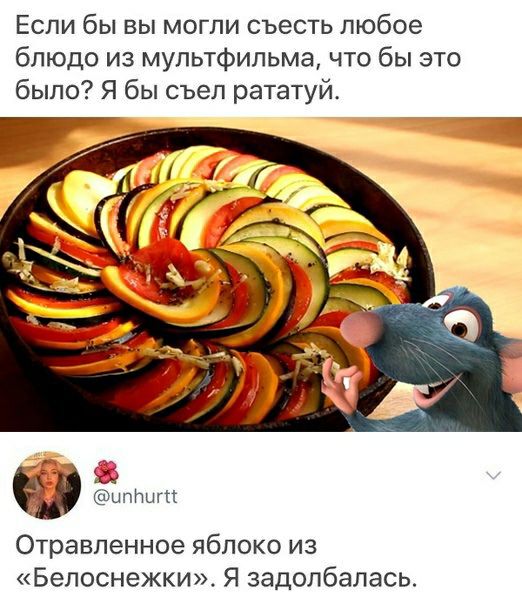 Если бы вы могли съесть любое блюдо из мультфильма что бы это было Я бы съел рататуй ипНит Отравленное яблоко из Белоснежки Я задолбалась