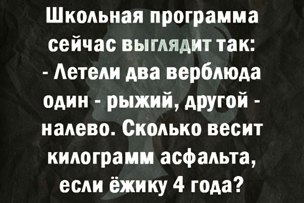 Школьная программа сейчас выглядит так Аетели два верблюда оАин рыжий другой налево Сколько весит килограмм асфальта если ёжику 4 года