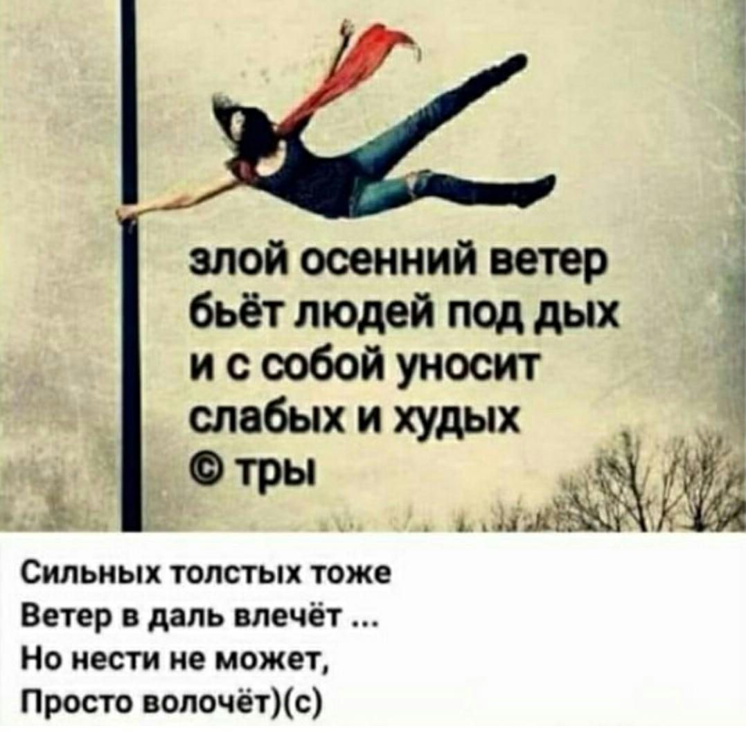 злой осенний ветер бьёт людей лоддых и с собой уносит слабых и худых 2533 и тд Сильных толстых тоже Ветер в даль влечёт Но нести не может Просто волочётс