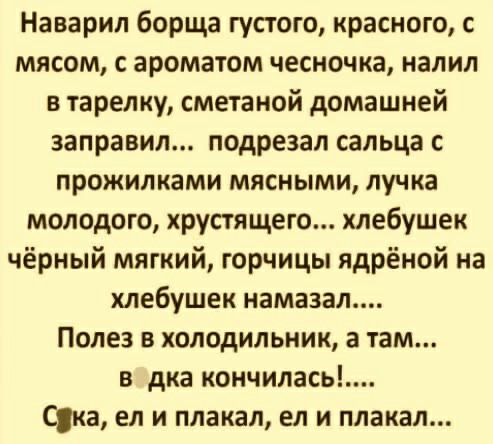 Наварил борща густого красного с мясом с ароматом чесночка налил в тарелку сметаной домашней заправил подрезал сальца прожилками мясными лучка молодого крустящего хпебушек чёрный мягкий горчицы ядрёной на хлебушек намазал Полез в холодильник 3 там в дка кончилась Ска ел и плакал ел и плакал