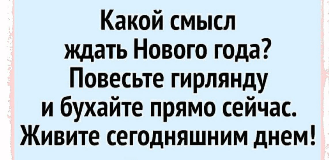 Какой смысл ждать Нового года Повесьте гирлянду и бухайте прямо сейчас Живите сегодняшним днем