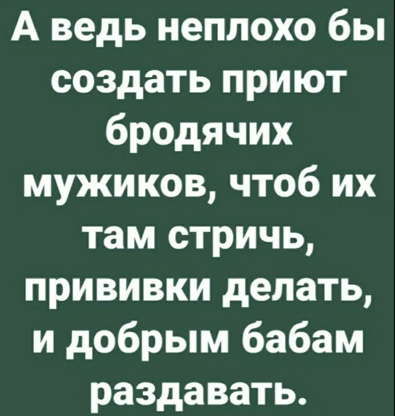 А ведь неплохо бы создать приют бродячих мужиков чтоб их там стричь прививки делать и добрым бабам раздавать