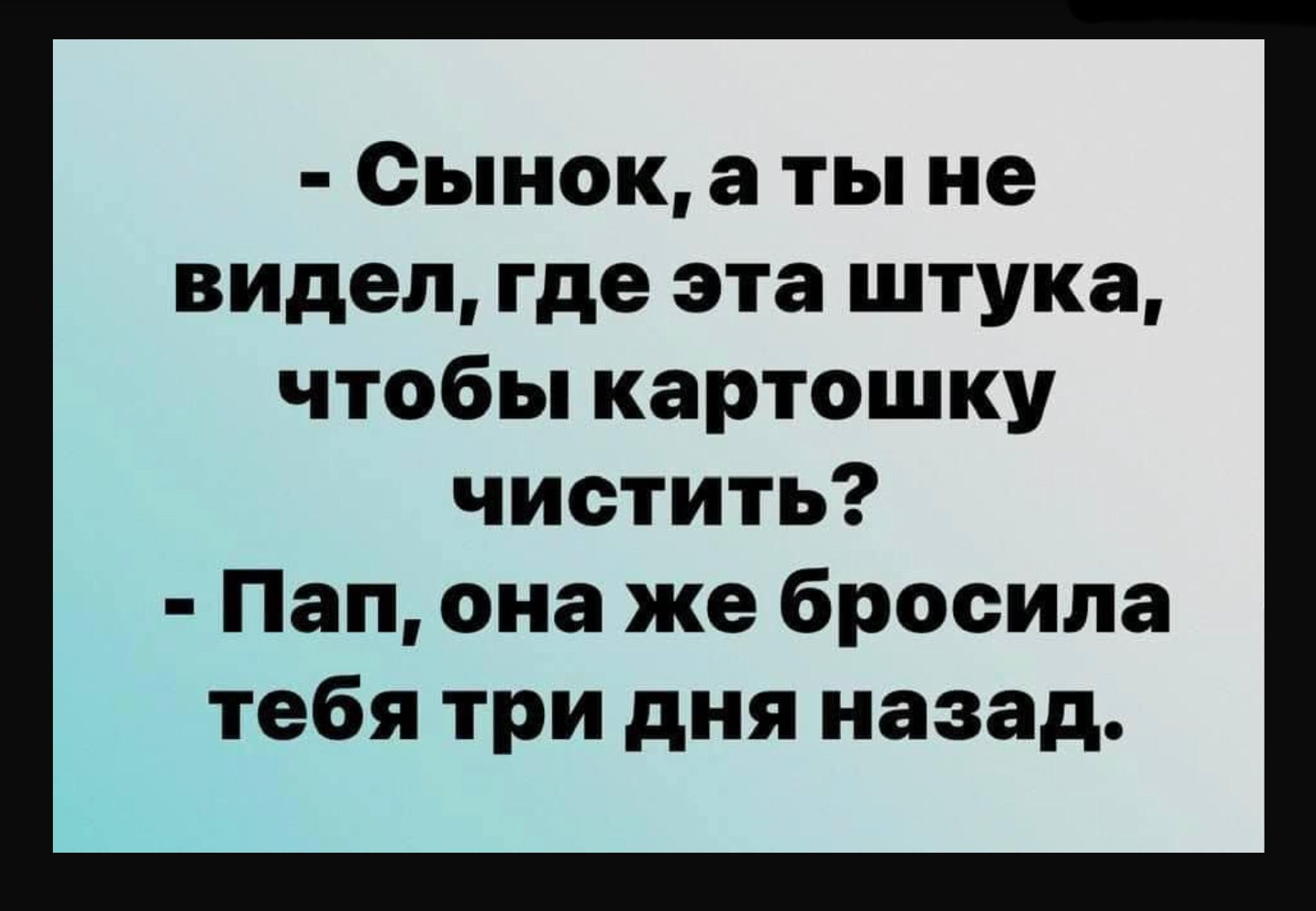 Сынок а ты не видел где эта штука чтобы картошку чистить Пап она же бросила тебя три дня назад