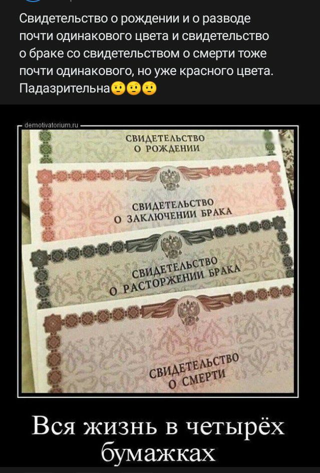 Свидетельство о рождении и о разводе почти одинакового цвета и свидетельство о браке со свидетельством о смерти тоже почти одинакового но уже красного цвета Падазрительна депчмнаюушт симы мытье 0 ОЖАЕНИН Вся жизнь в четырёх бумажках