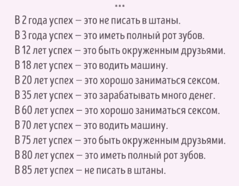 В2 года успех  это не писать в штаны. Вз года успех  это иметь полный рот зубов. В12 лет успех  это быть окруженным друзьями. В18 лет успех  это водить машину. В20летуспех  это хорошо заниматься сексом. Вз5 лет успех  это зарабатывать много денег. В60 лет успех  это хорошо заниматься сексом. В70 лет успех  это водить машину. В75 лет успех  это быть окруженным друзьями. В80 лет успех  это иметь полный рот зубов. В 85 лет успех  не писать в штаны.