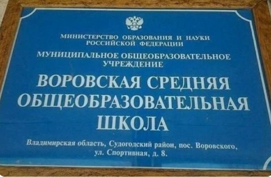 Министество. Образования м. Науки. Российской федерации. Муниципальное общеобразовательное. Учреждение воровская средняя владимирская область, судогодский район, пос. Воровского, л. Спортивиая, д 8.